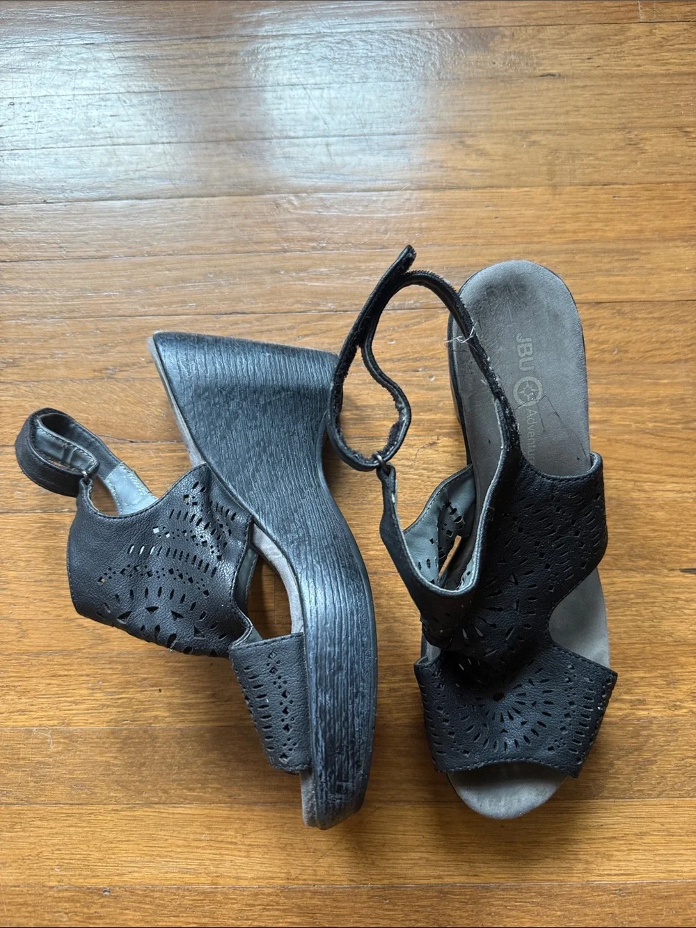 JBU Black Laser-Cut Slingback Wedge Sandals